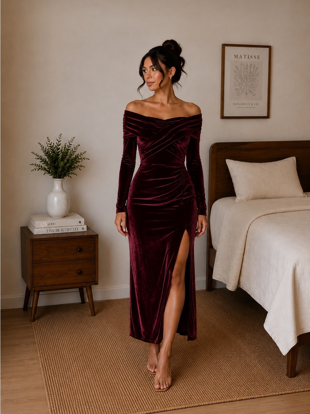 NWT SHEIN SXY Burgundy Velvet Off Shoulder Maxi Dress